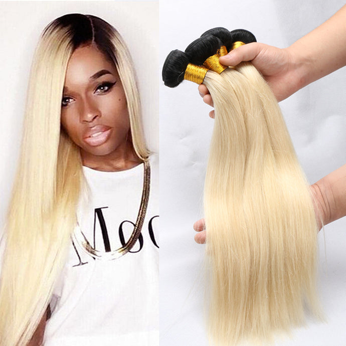 Ombre 1b/613# Blonde Color Straight Human Virgin Hair Weaves