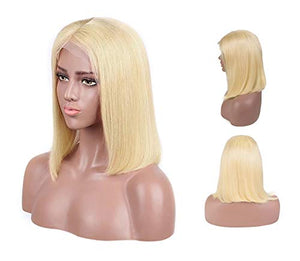 613# Blonde Short Human Hair Straight Bob Lace Closures Frontals Wigs