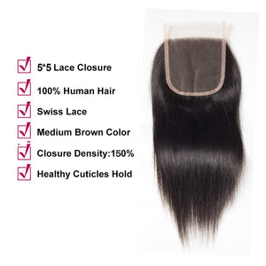 5x5 Straight Human Hair Top Lace Closure With Baby Hair