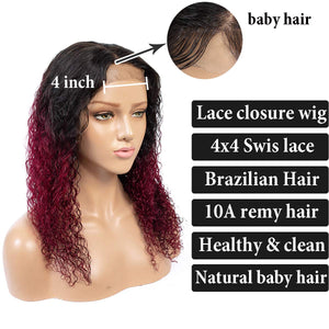 Ombre 1b/Burgundy Kinky Curly 4x4 Lace Closure Wigs Human Hair Wigs