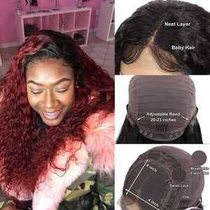 Ombre 1b/Burgundy Kinky Curly 4x4 Lace Closure Wigs Human Hair Wigs